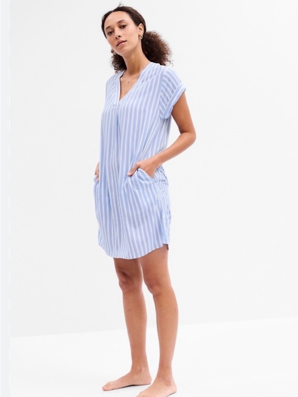 GAP Light Blue & White Striped V-Neck Cover-Up Dress